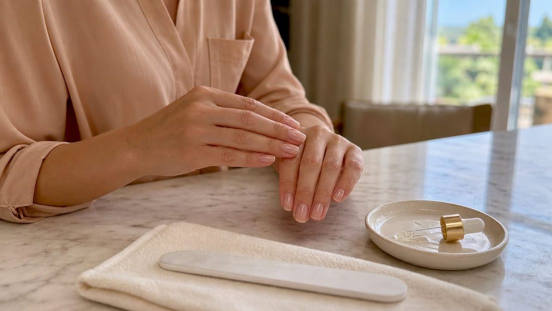 Zelf je gelnagels verzorgen: olie aanbrengen op de nagels aan de kaptafel thuis.