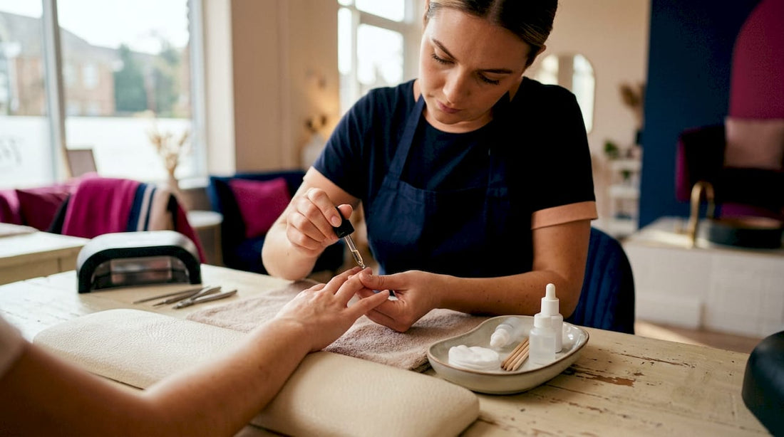 Een nagelstyliste maakt de nagels klaar voor een nieuwe laag gellak.