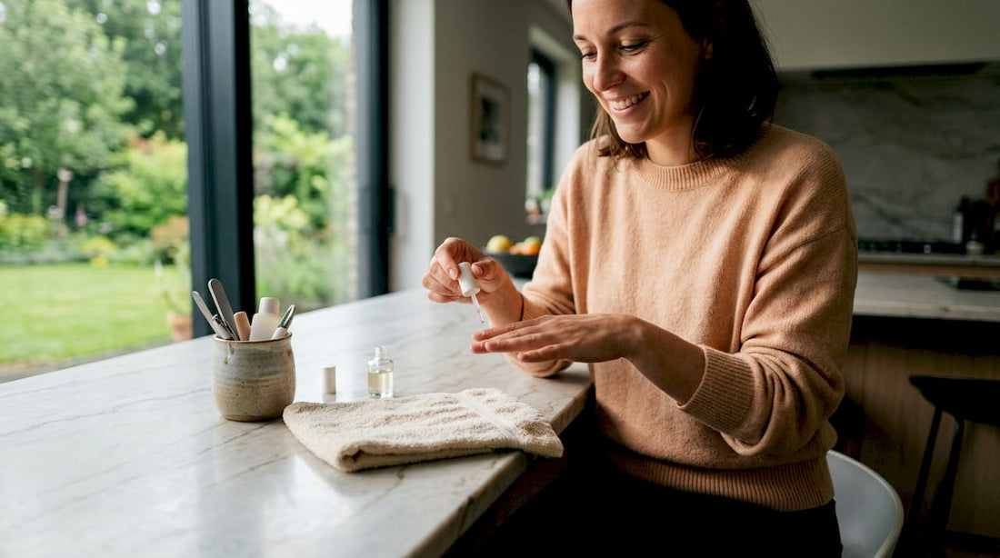 Een vrouw verzorgt haar nagelriemen met nagelolie.