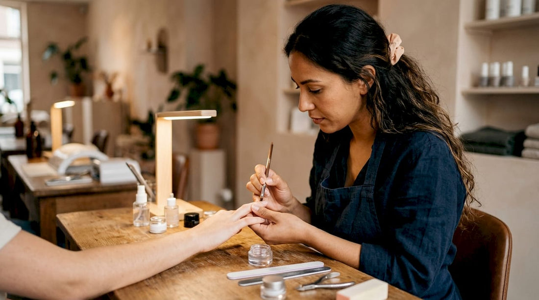 Een nagelstyliste brengt builder gel aan op een natuurlijke nagel.