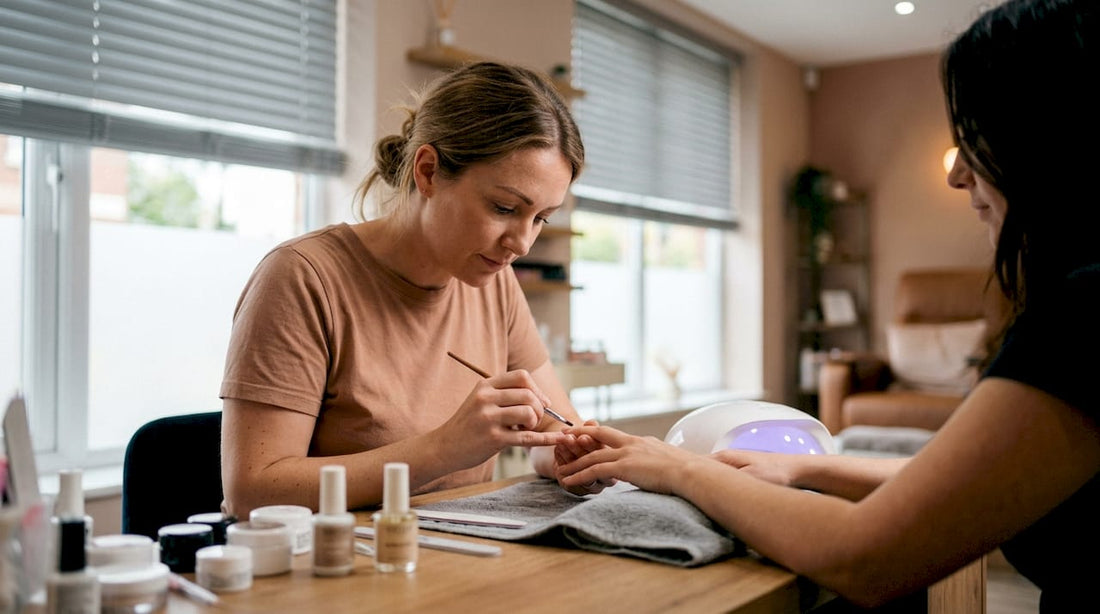 Een nagelstyliste werkt BIAB-gel zorgvuldig aan op je eigen nagels voor een mooie, natuurlijke look.
