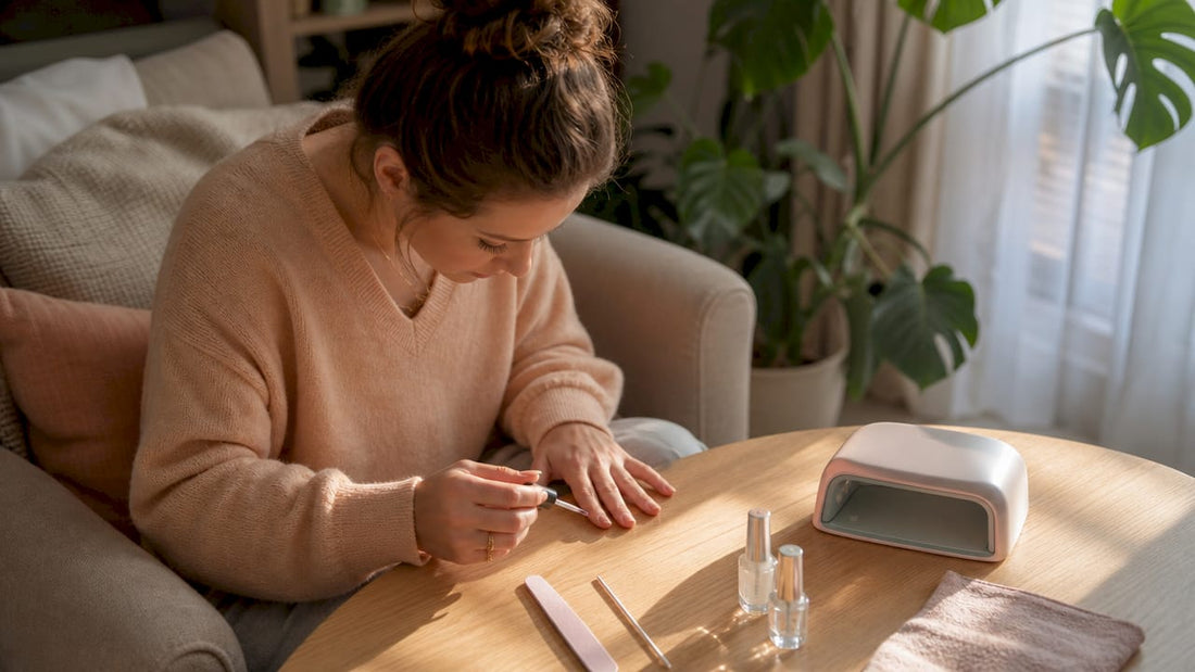 Een vrouw is haar gelnagels aan het doen aan de keukentafel.