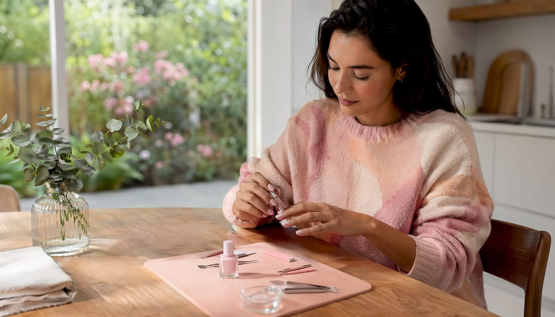Detailfoto van handen met melkachtige nagels