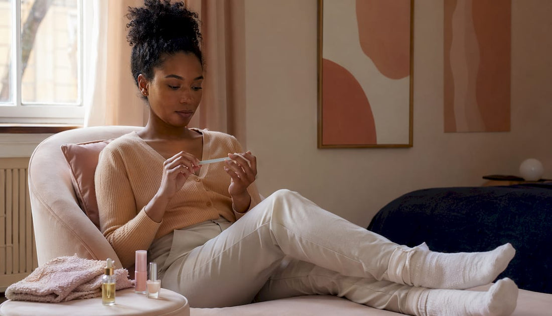 Thuis geeft een vrouw zichzelf een natuurlijke manicure