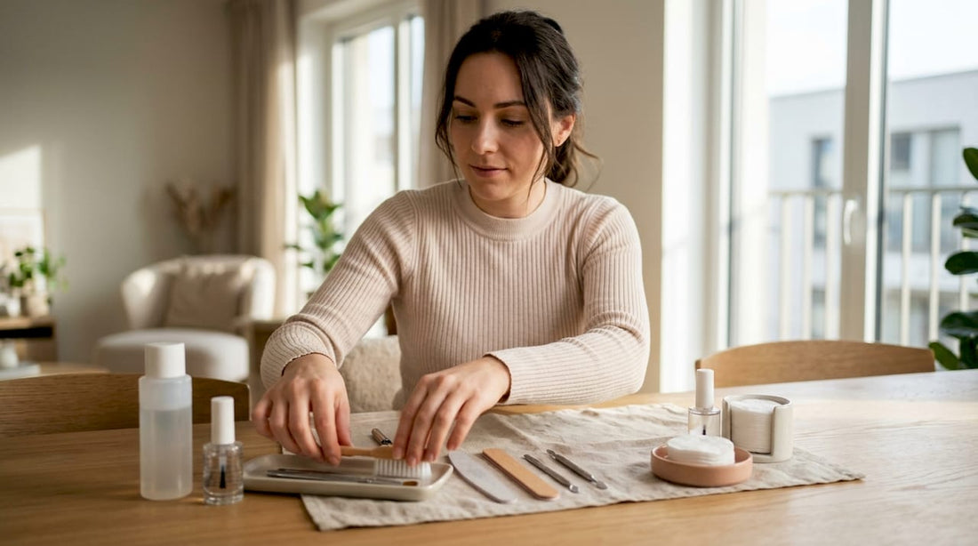 Een vrouw zet haar tafel klaar voor een manicure bij haar thuis.